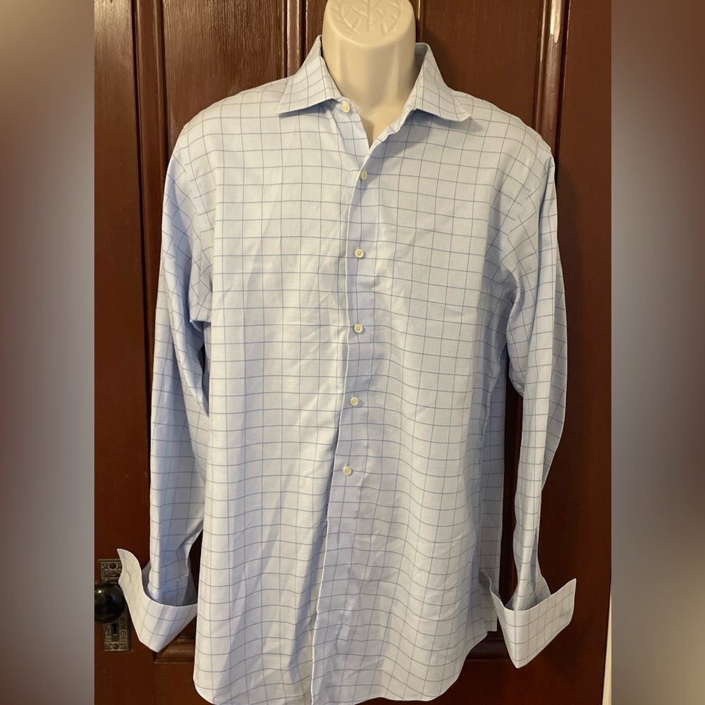 Brooks Brothers men shirt 16 34 slim fit non iron all cotton blue French Cuff
